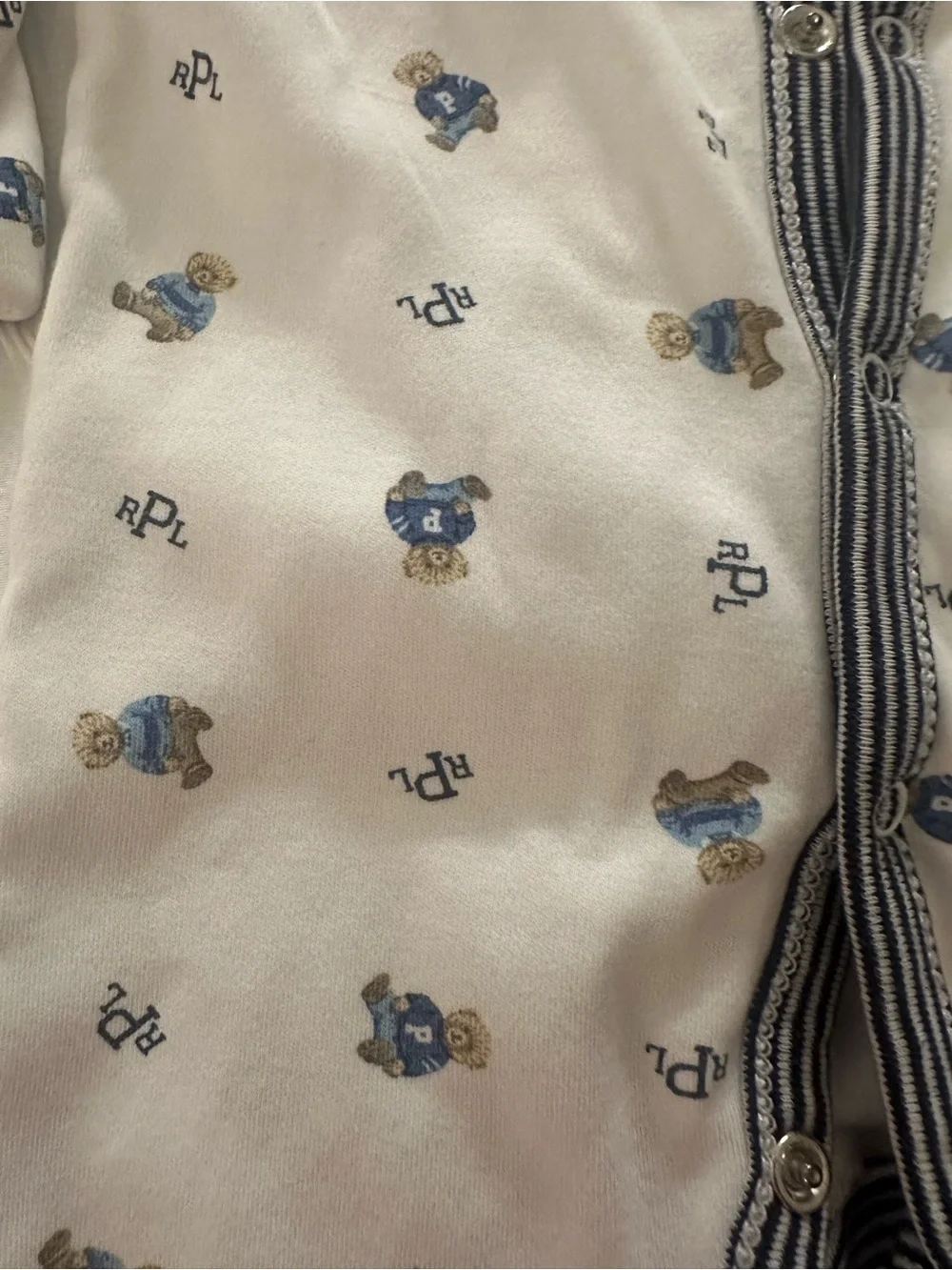 Ralph Lauren White Footed One-Piece with Navy Trim and Blue Bear Prints
